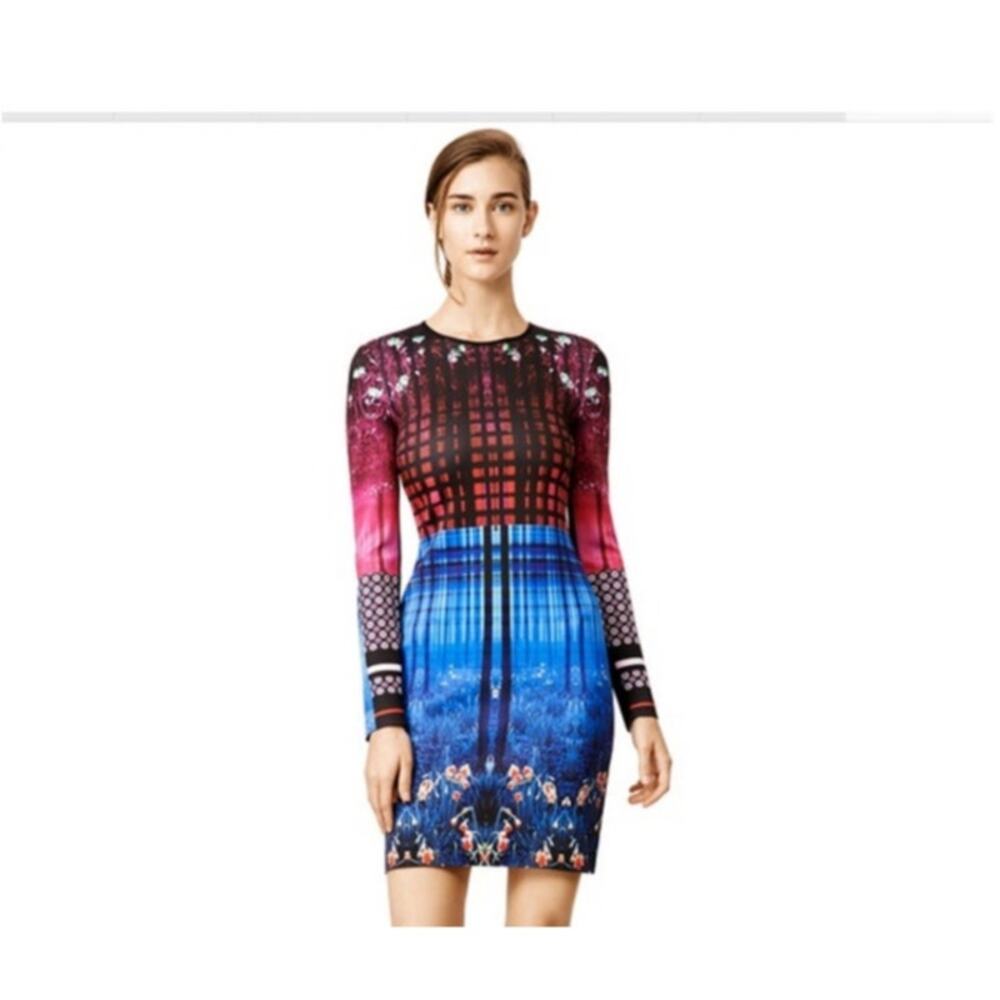 Anthropologie Clover Canyon Scuba Neoprene Blue/Pink Dress Size Small